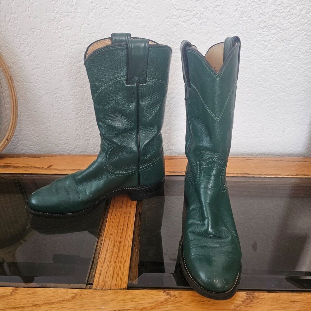 Justin L3782 green leather cowboy boots womens size 7 B tall western USA made